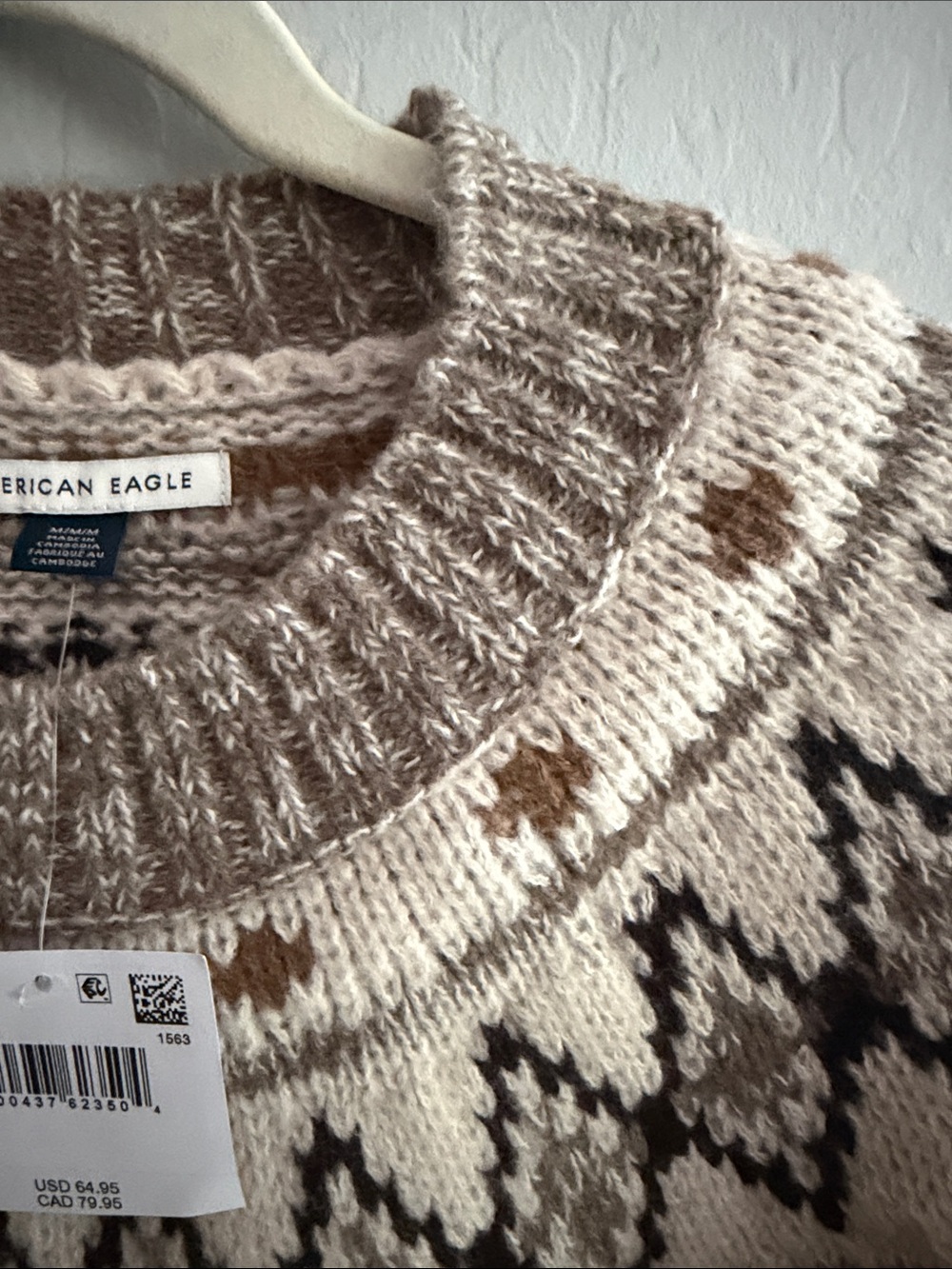 American Eagle Outfitters Cream, Taupe & Black Fair Isle Crew Sweater M - Picture 4 of 7